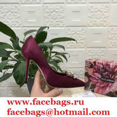 Dolce  &  Gabbana Heel 10.5cm Satin Pumps Burgundy with Crystal Bow 2021